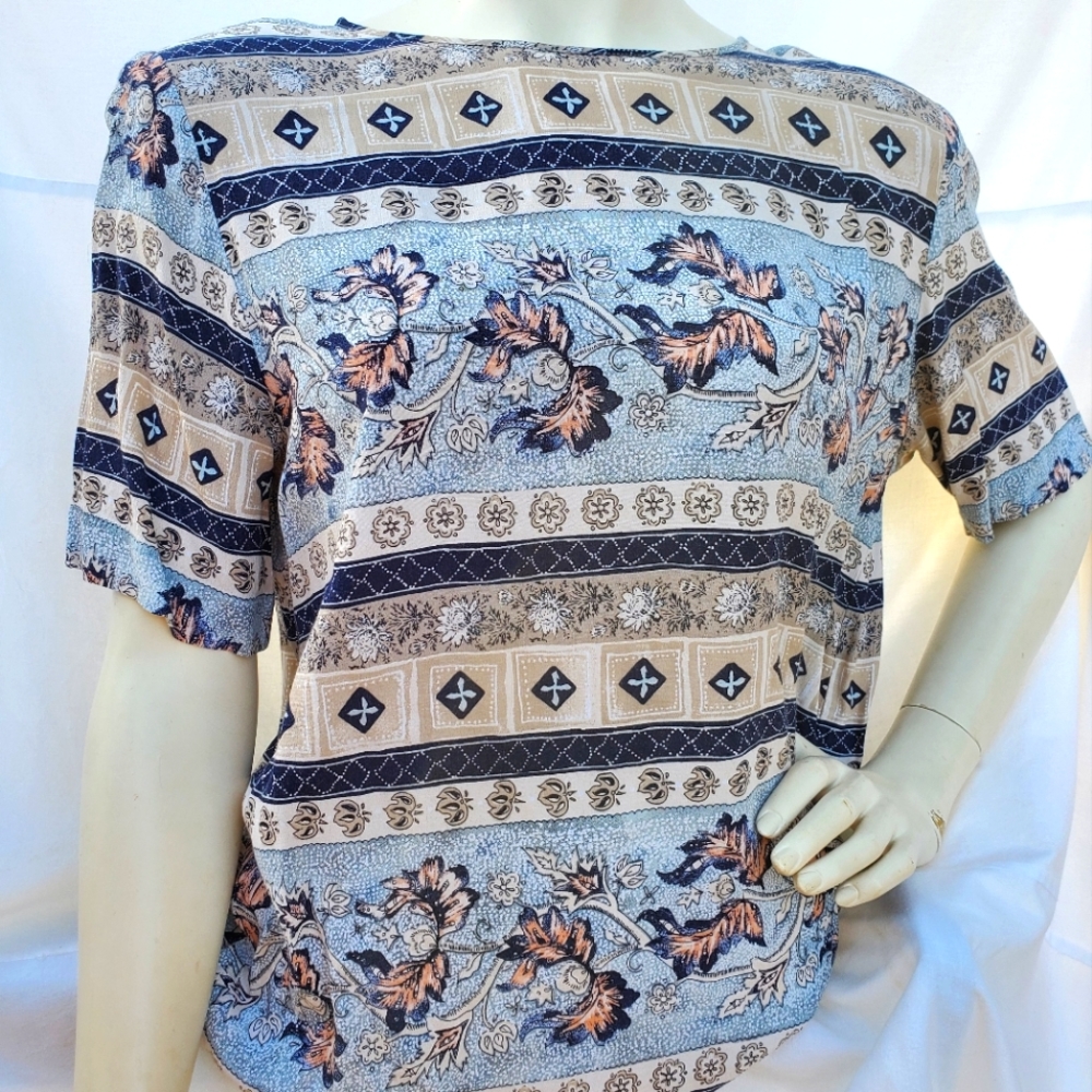 Vintage 1990s Y2K Women’s Floral Stripe Short-Sleeve Top - Blue & Tan
